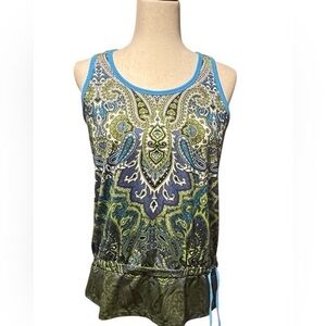 Large Athleta Yoga Tank Women's Paisley Bra Tic Tac Toe Green Blue Top